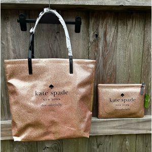 Kate Spade Holiday Drive Tote and Purse Pouch in Dazzling glitter Rose Gold